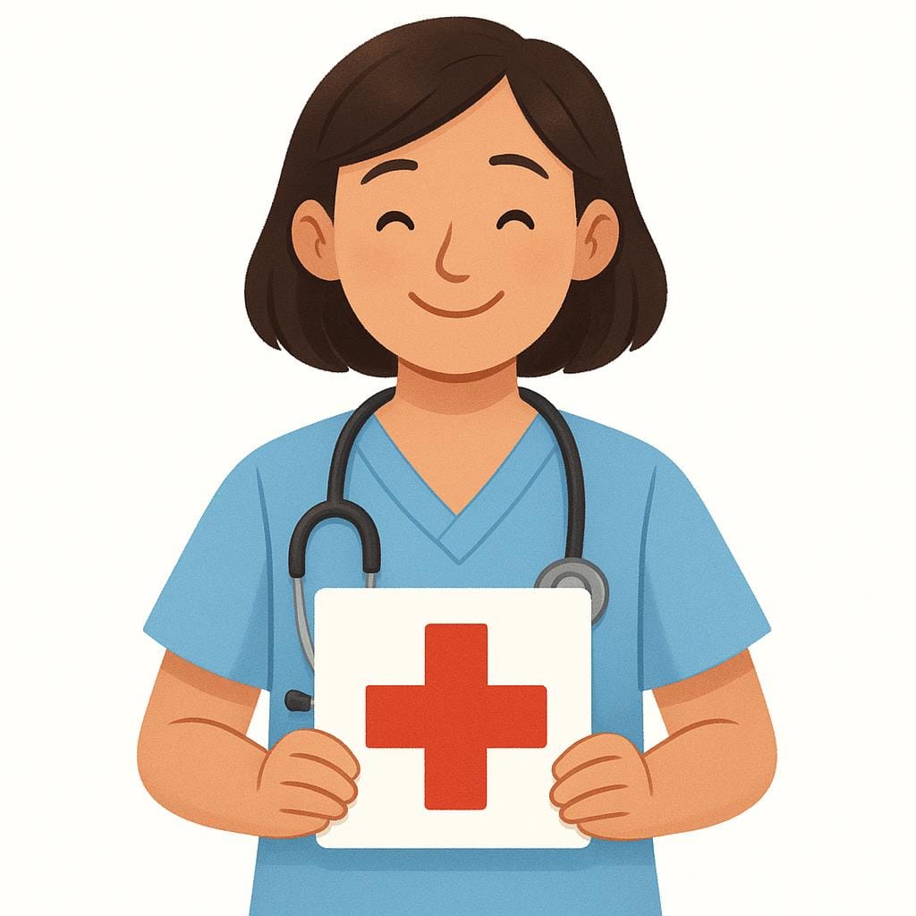 Een kleurrijke illustratie van een lachende verpleegkundige in lichtblauwe scrubs met een stethoscoop, die het beroep van verpleging vertegenwoordigt.