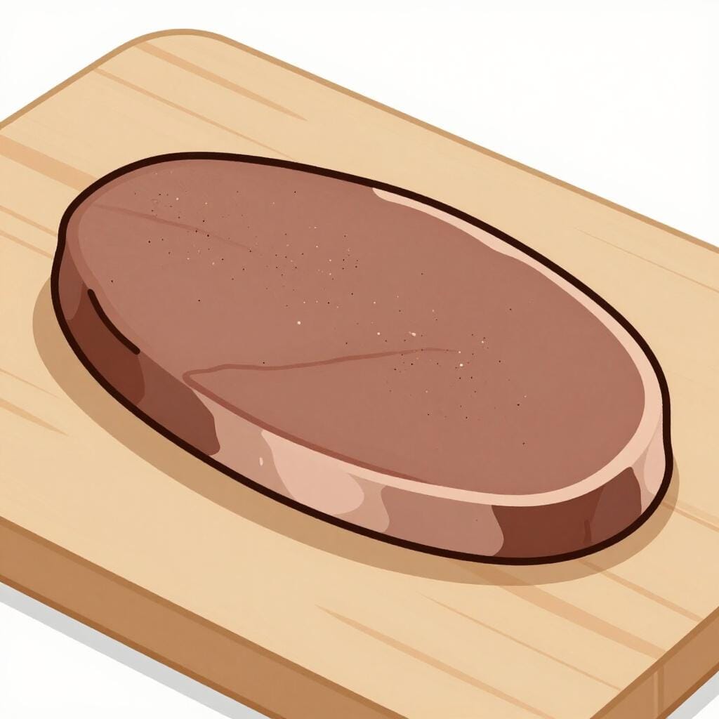 スライスされる準備ができた、プレーンな木製のまな板の上に置かれた、調理済みの茶色い牛肉の舌の一切れ。