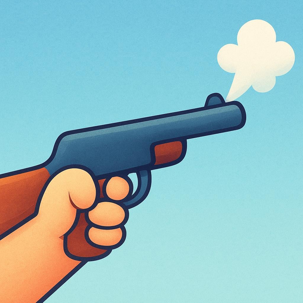 A cartoon hand holding a simple, stylized rifle, with a small cloud of white smoke visible exiting the barrel, indicating the action of shooting.