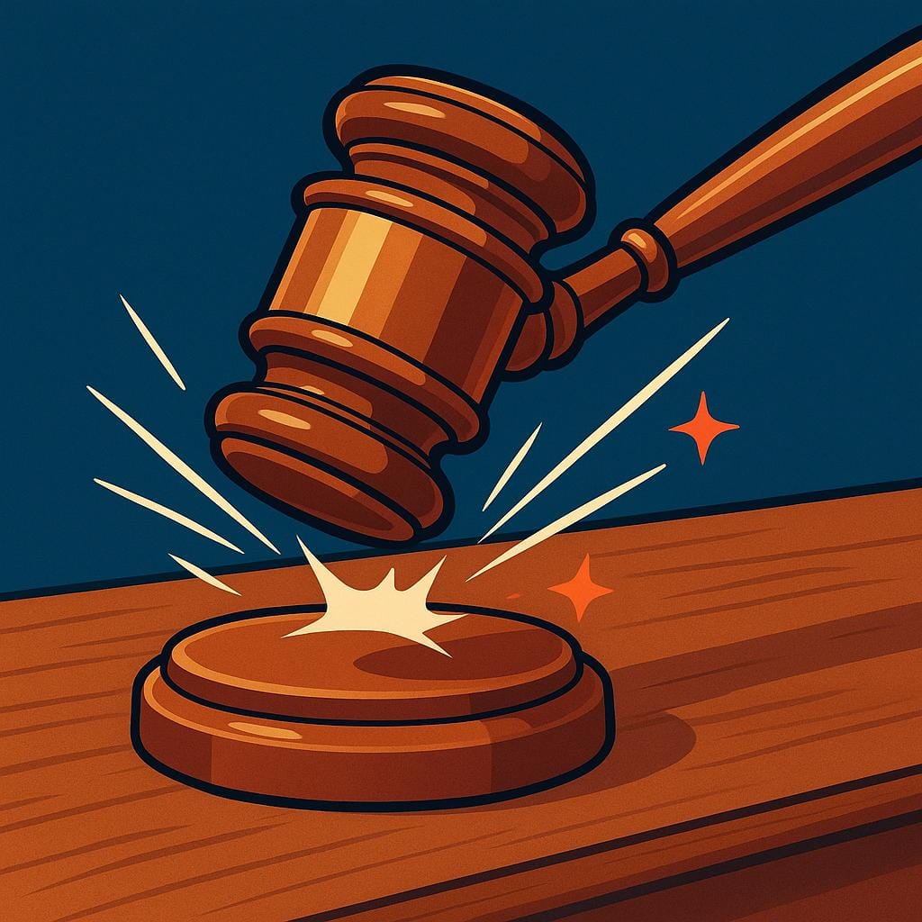A colorful storybook illustration depicting a large wooden gavel mid-strike on a sound block on a judicial bench, symbolizing a legal charge or accusation.