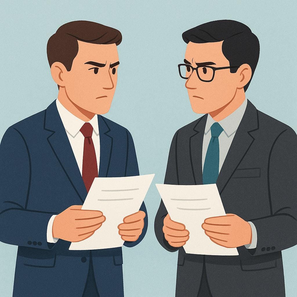 Two formally dressed men, representing politicians, standing and discussing papers seriously.