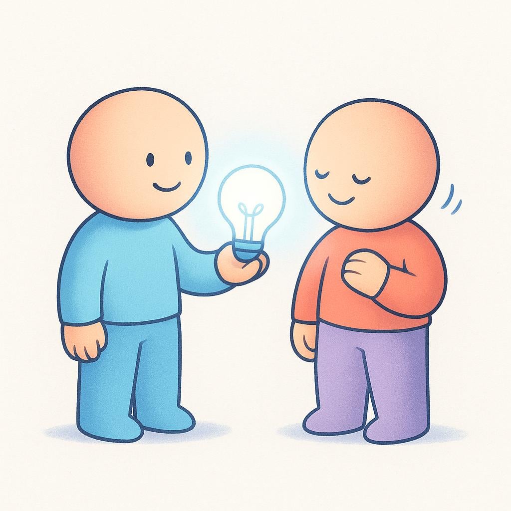 A friendly cartoon character gently offering a softly glowing lightbulb, symbolizing an idea or advice, to another character who is nodding thoughtfully in acceptance.