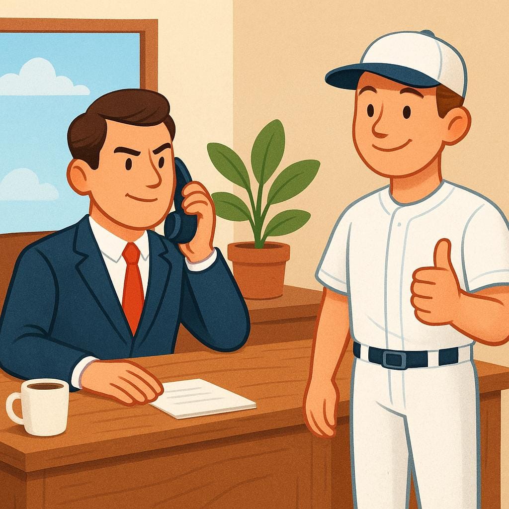 A determined business agent in a suit sits at a desk talking on a phone, while a smiling, muscular athlete in a sports uniform stands next to the desk giving a thumbs up, symbolizing successful management.