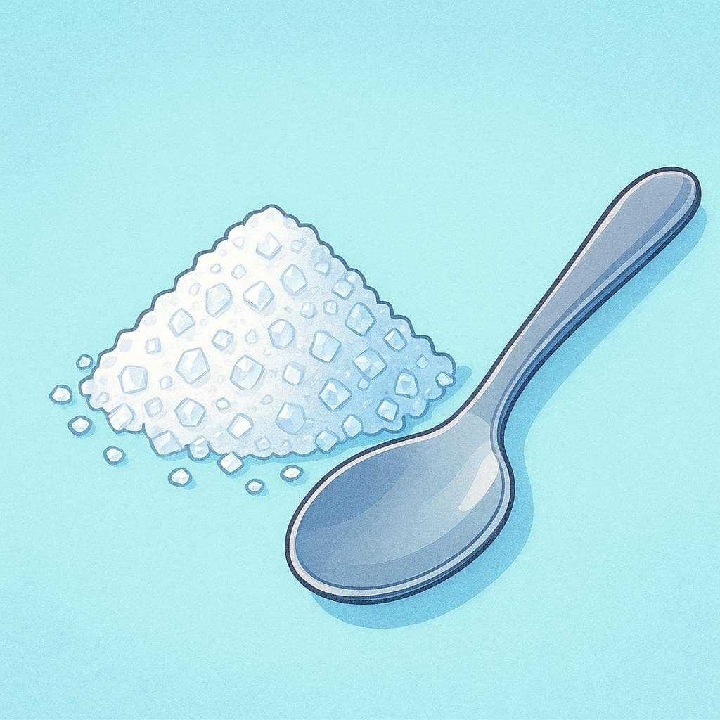 A small, neat pile of white granulated sugar next to a silver spoon on a clean surface.