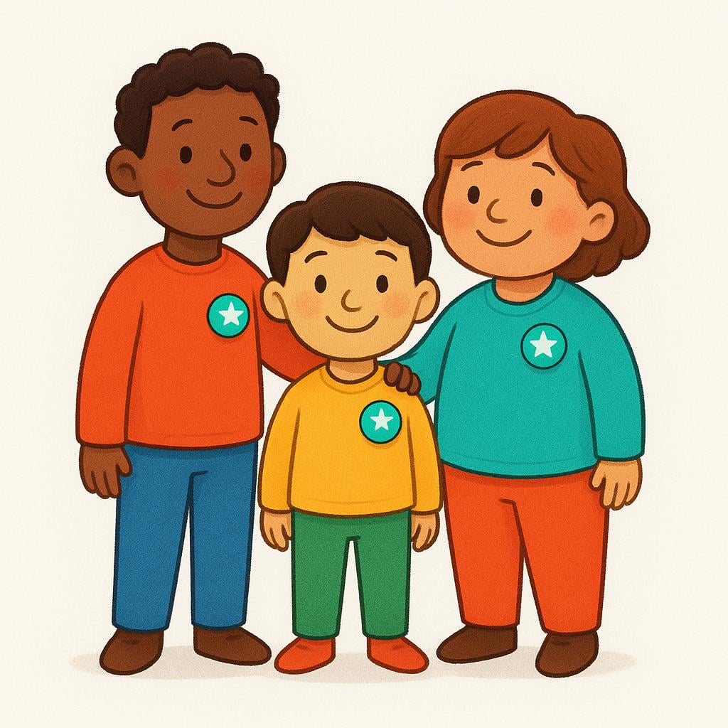 A small group of diverse individuals standing together smiling, each wearing a small, matching circular badge, representing club members.