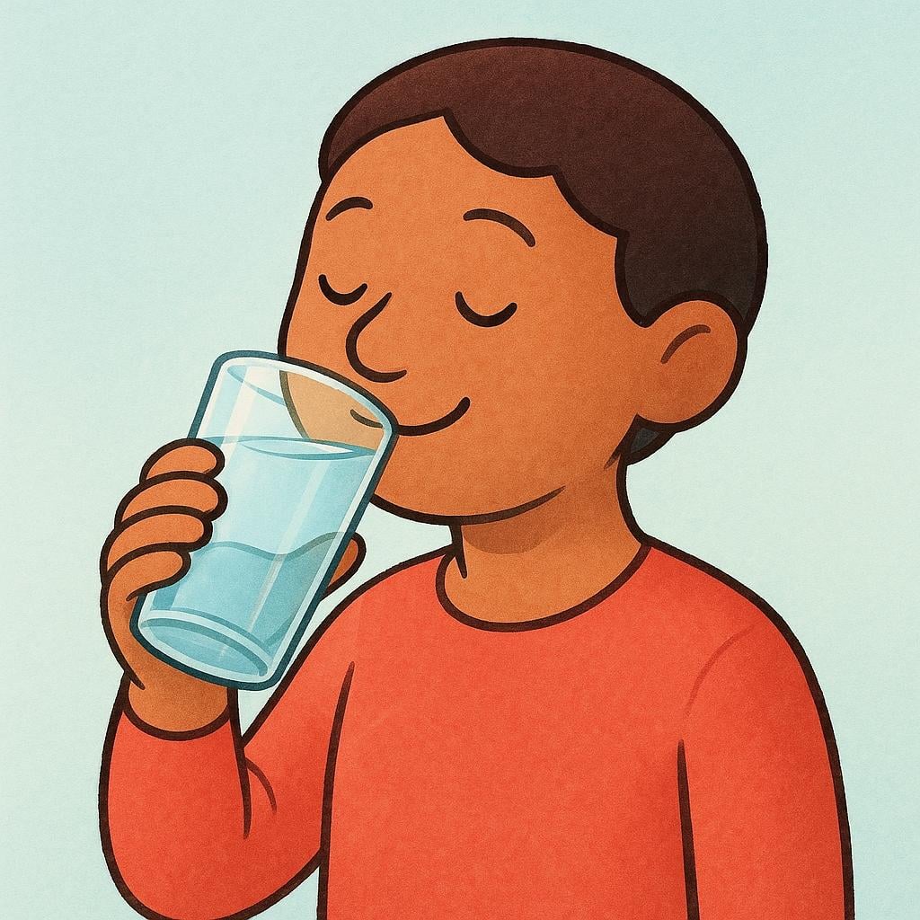 A simplified illustration of a person holding a glass of water and actively drinking from it.
