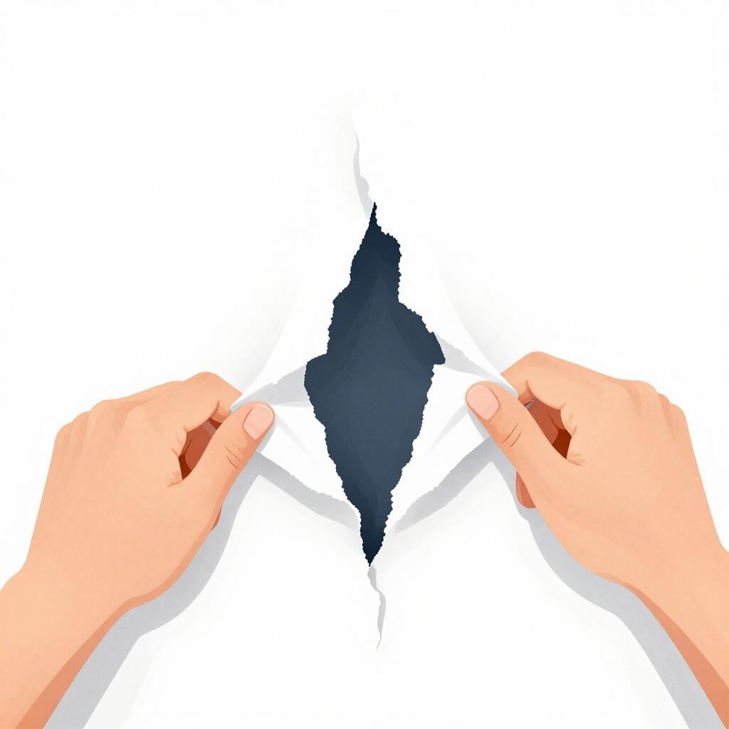A pair of hands pulling a piece of white paper apart, causing a jagged rip down the center.