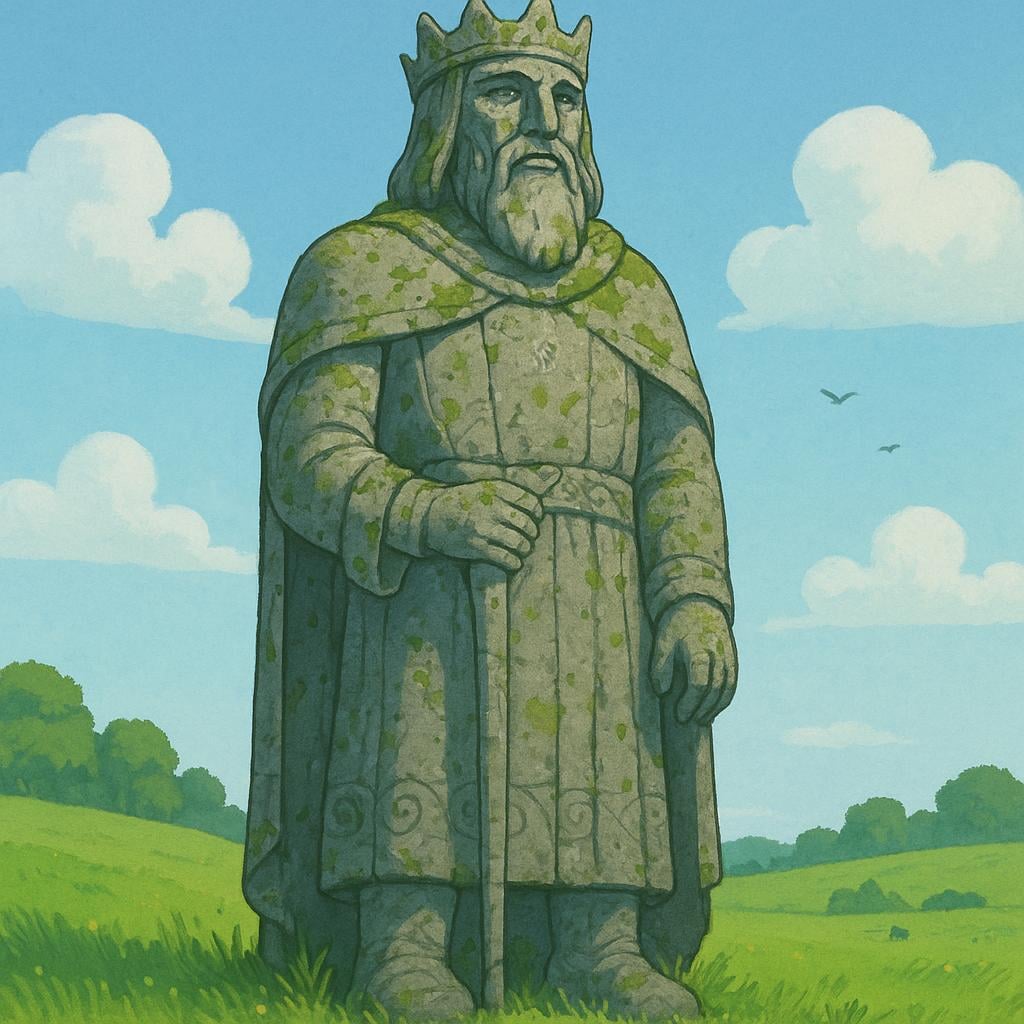 A gigantic, weathered stone statue covered in moss stands silently in an open, grassy landscape, suggesting great age and continuous existence.