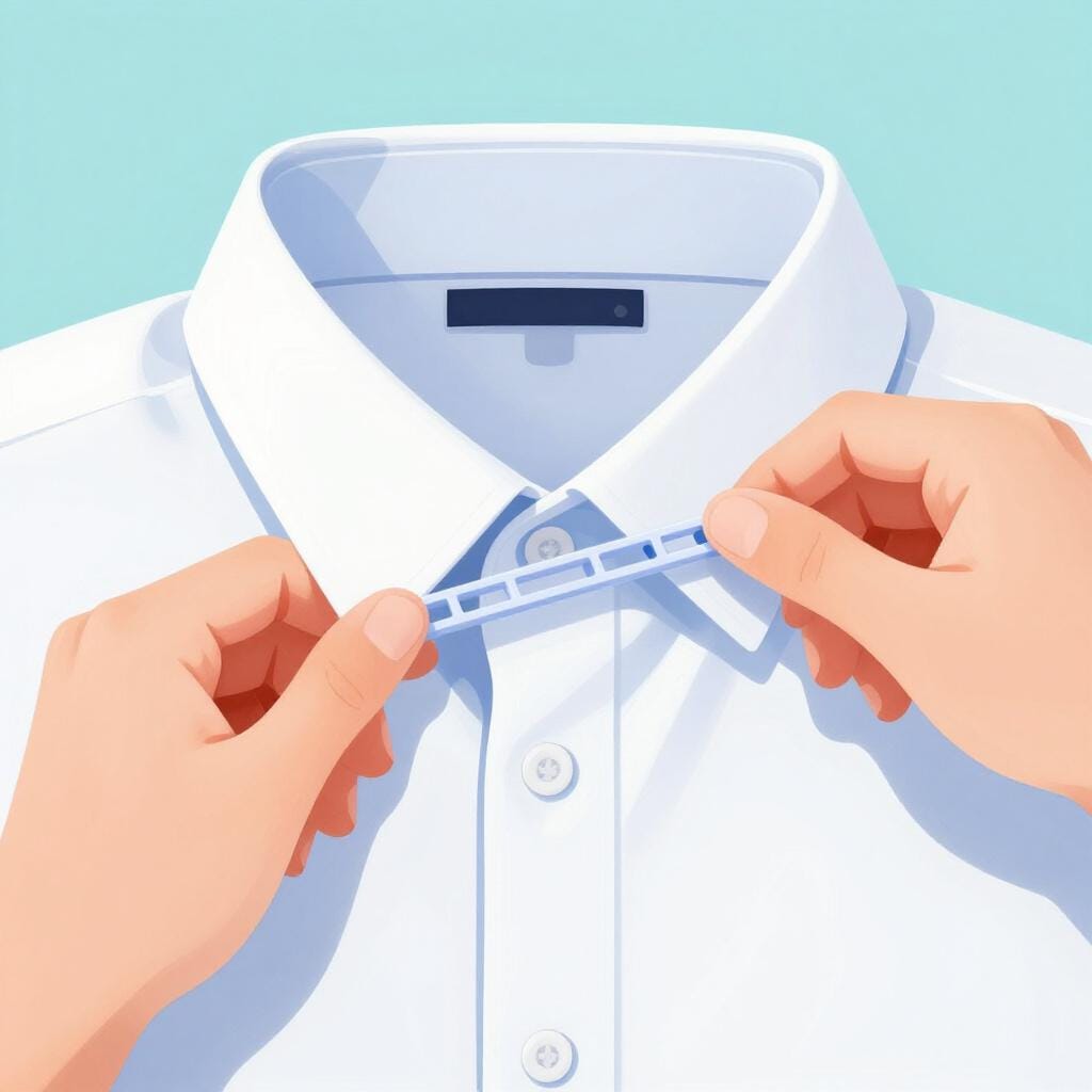A close-up of a person's hands sliding a thin stay into the small pocket of a shirt collar.