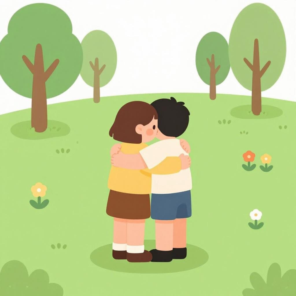Two friends smiling and hugging each other in a park.