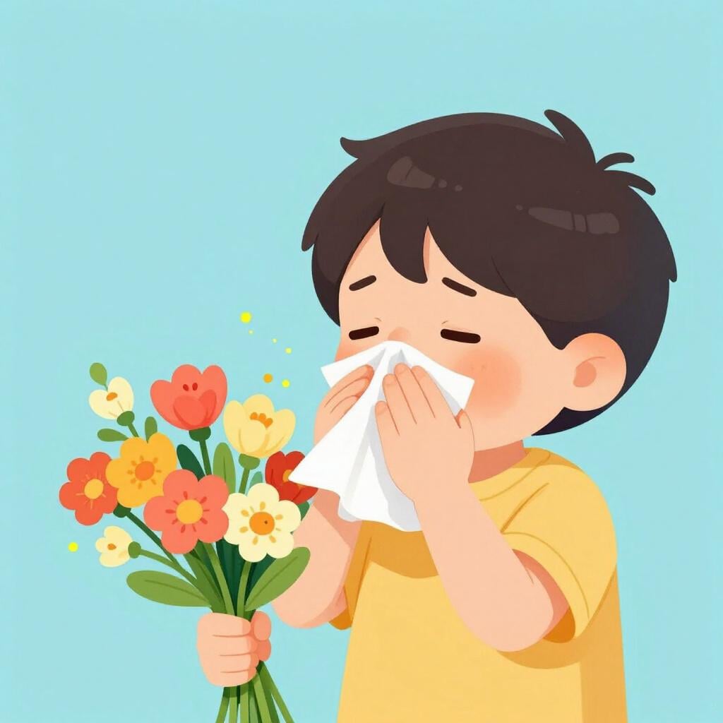 A child sneezing into a tissue while holding a bouquet of colorful flowers.