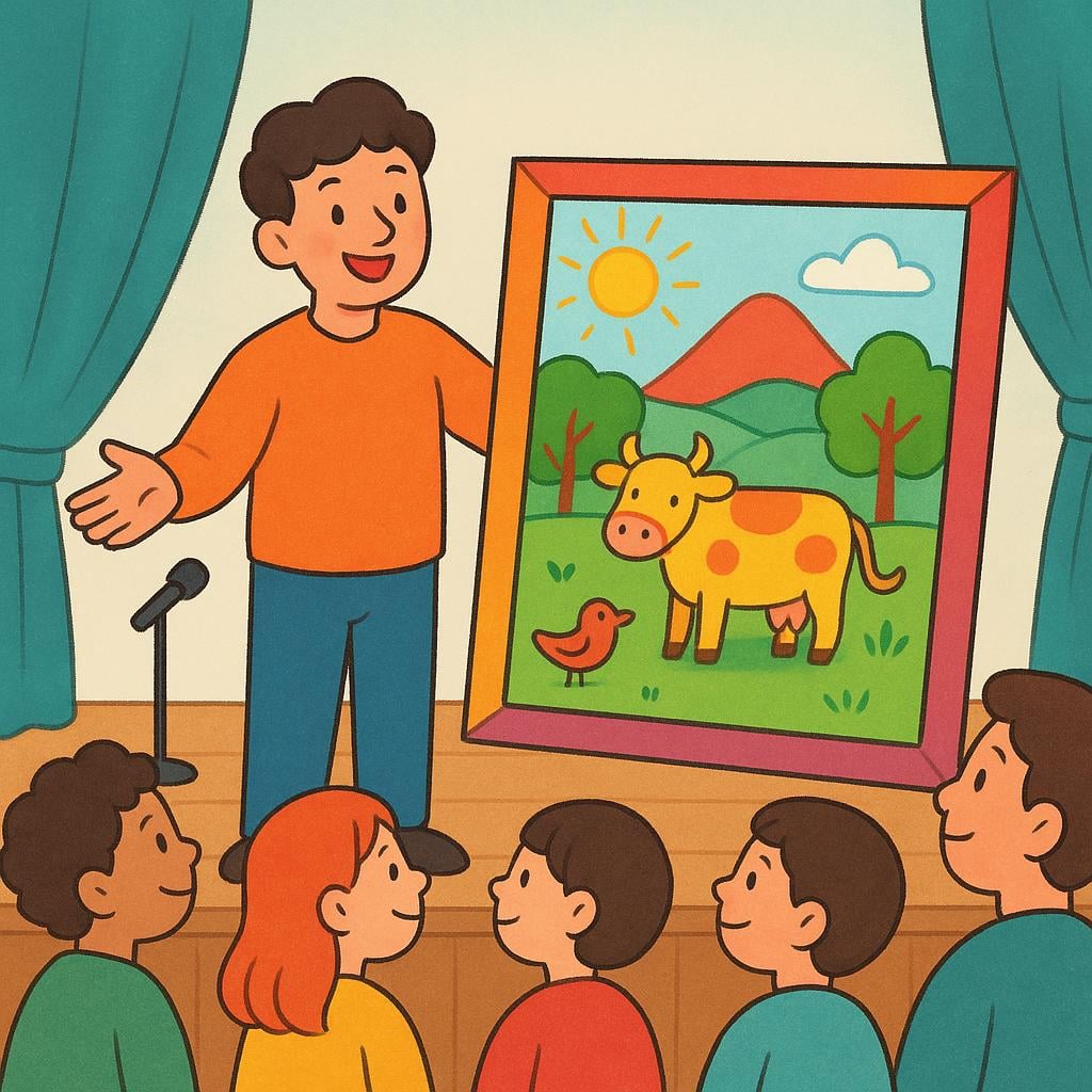 A simplified illustration of a person standing on a stage, proudly holding up a colorful framed painting to show a small, smiling audience.