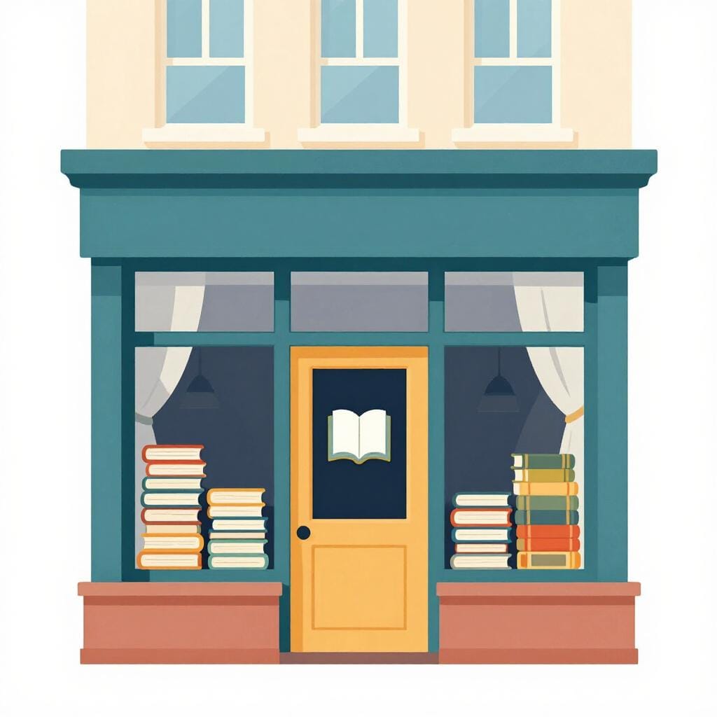 Een modern gebouw met een groot glazen raam waar boekenplanken te zien zijn en een bord met een boekenicoon.