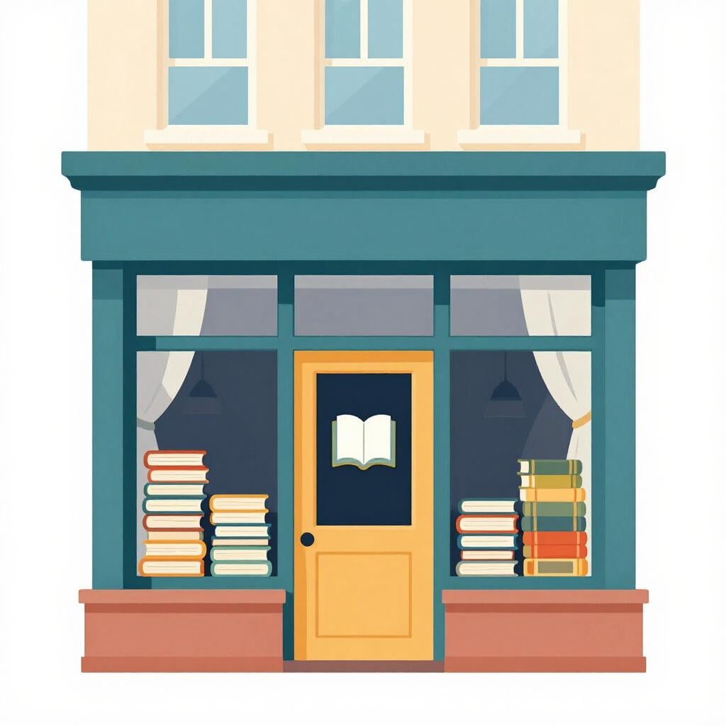 A modern building with a large glass window showing shelves of books and a sign with a book icon.