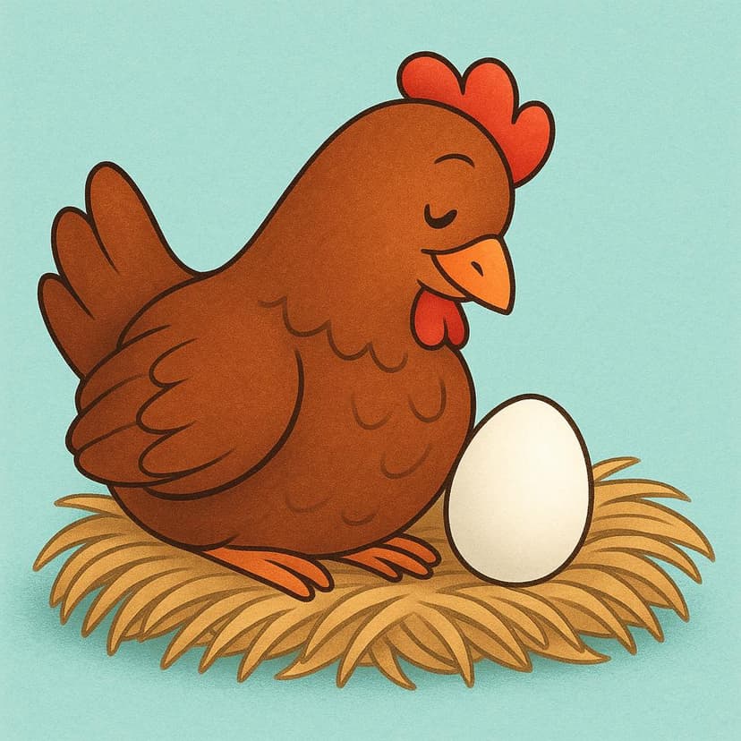 A cheerful brown hen sitting on a straw nest, looking proudly at a freshly laid white egg.