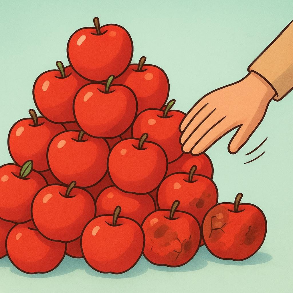 A large hand systematically brushing away cracked and bruised fruit from a basket filled with perfect, flawless fruit, symbolizing a purge.