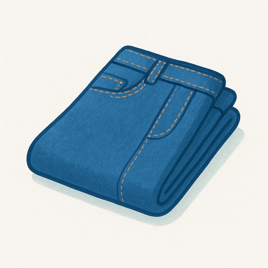 A neatly folded pair of classic blue denim jeans, showing the stitching and texture of the material.