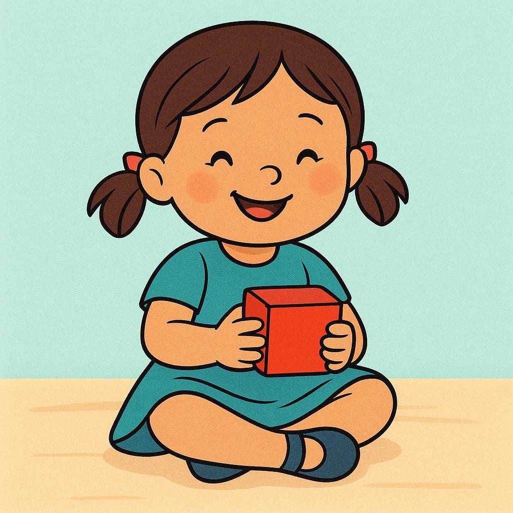A smiling young girl with pigtails sitting on the floor, playing with a single bright red toy block.