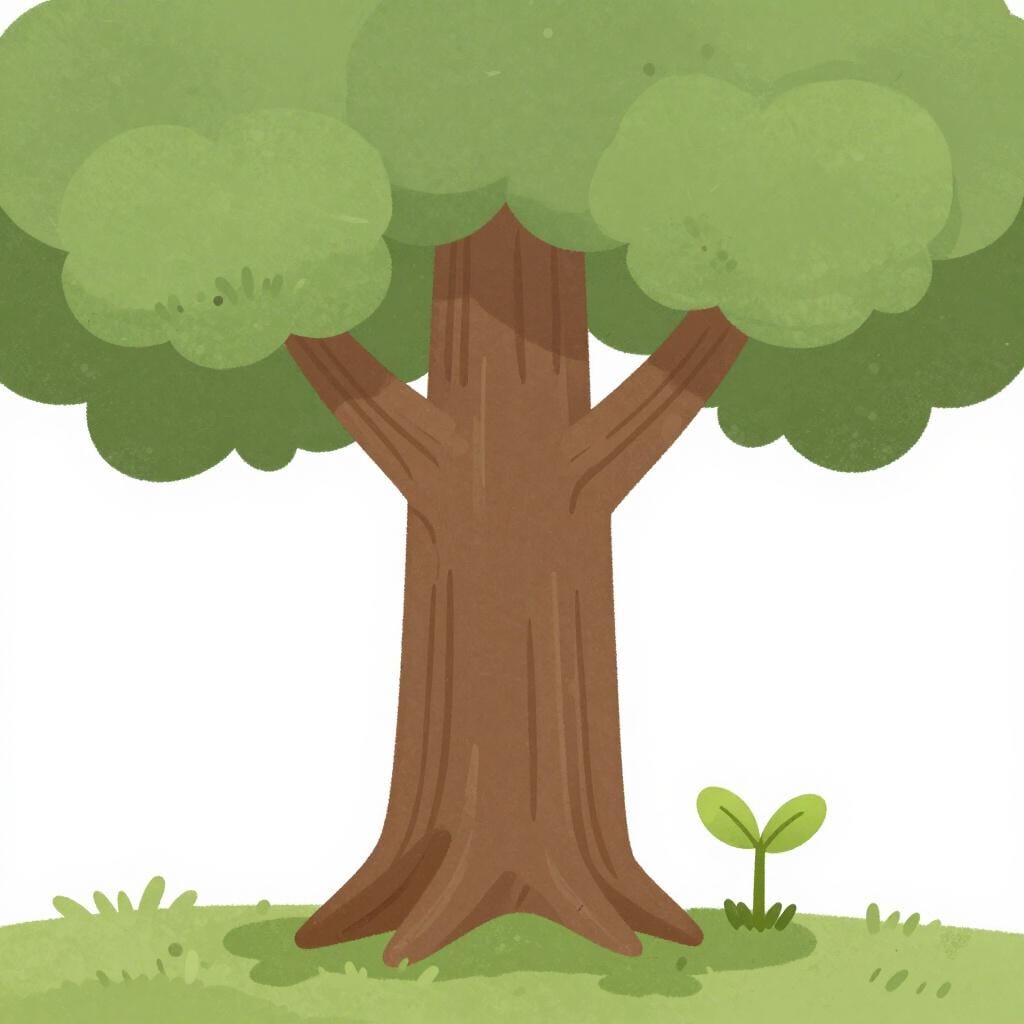 Een kleine, eenvoudige spruit die groeit in de schaduw van een grote, majestueuze eikenboom.