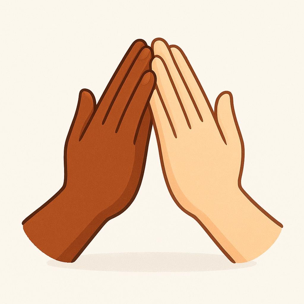 Two distinct hands gently meeting in the center, palm-to-palm, symbolizing mutual agreement or consent.