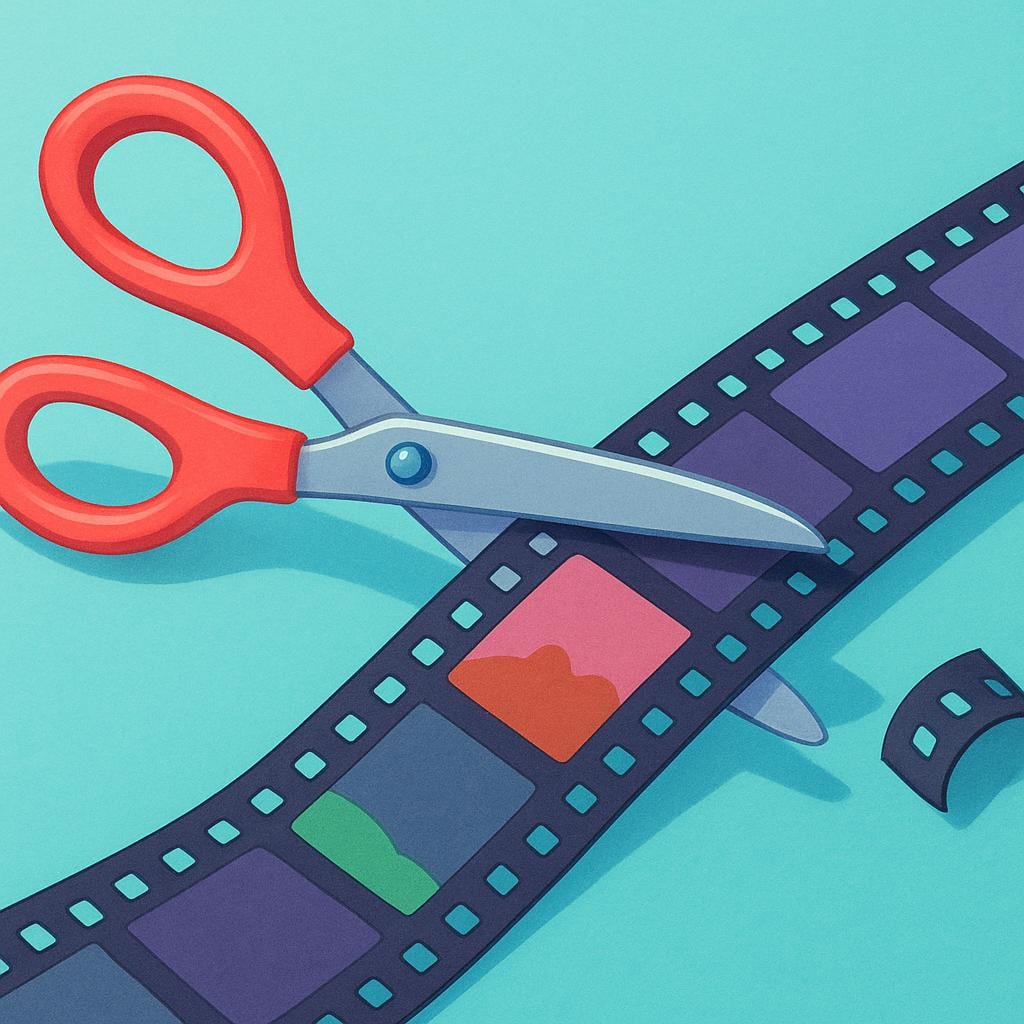 A pair of oversized scissors is carefully cutting a strip of film on a bright desk.
