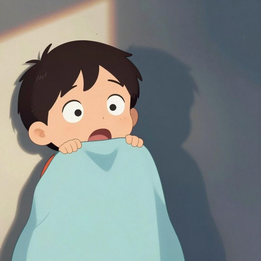 A child with wide eyes and a frightened expression looking at a large monster-shaped shadow on a bedroom wall.