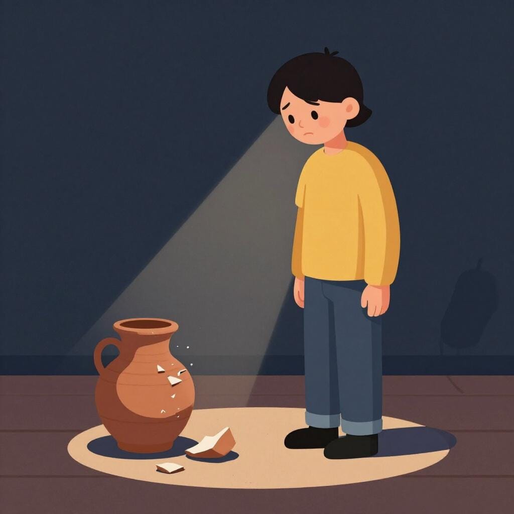A person with a saddened expression standing alone in a spotlight, looking down at a broken ceramic vase on the floor.