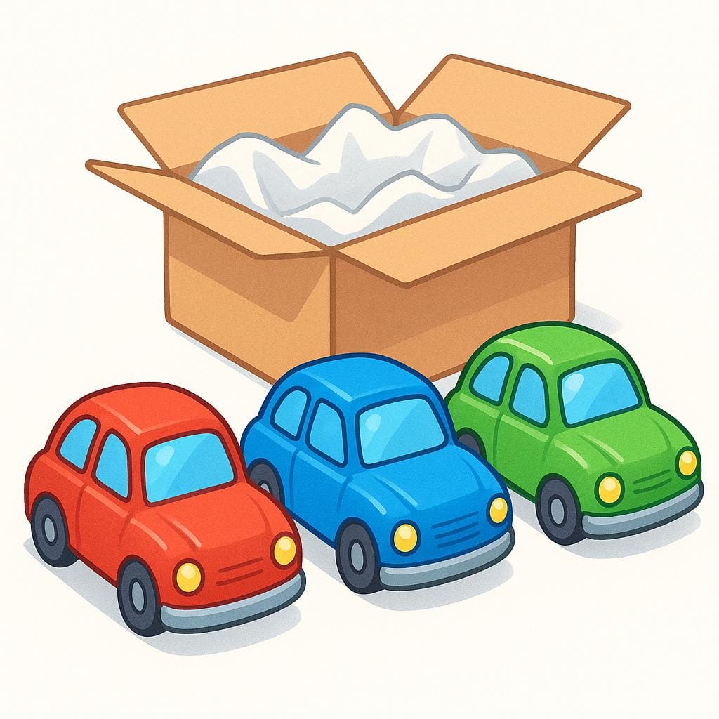 A set of three brightly colored, pristine, unboxed toy cars lined up neatly.