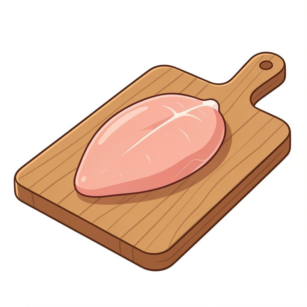 A perfectly cut, boneless piece of white chicken breast on a clean wooden board.