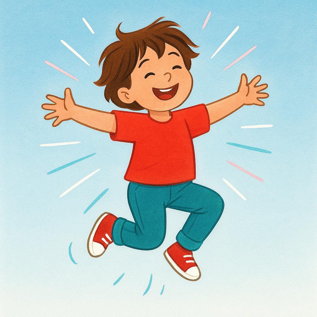 A joyful child airborne, jumping high with arms raised and a wide smile, surrounded by simple radiating energy lines on a bright, plain background.