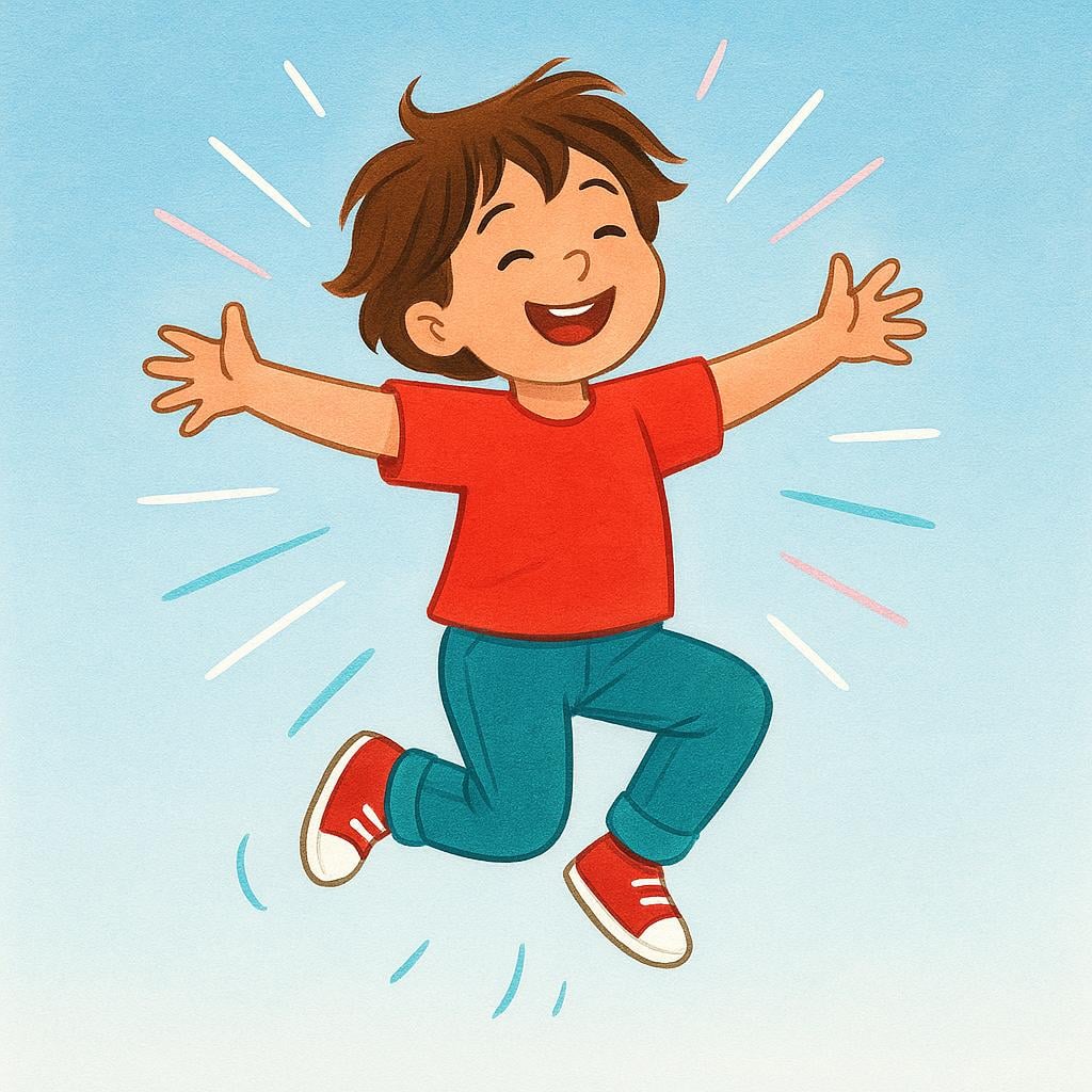 A joyful child airborne, jumping high with arms raised and a wide smile, surrounded by simple radiating energy lines on a bright, plain background.