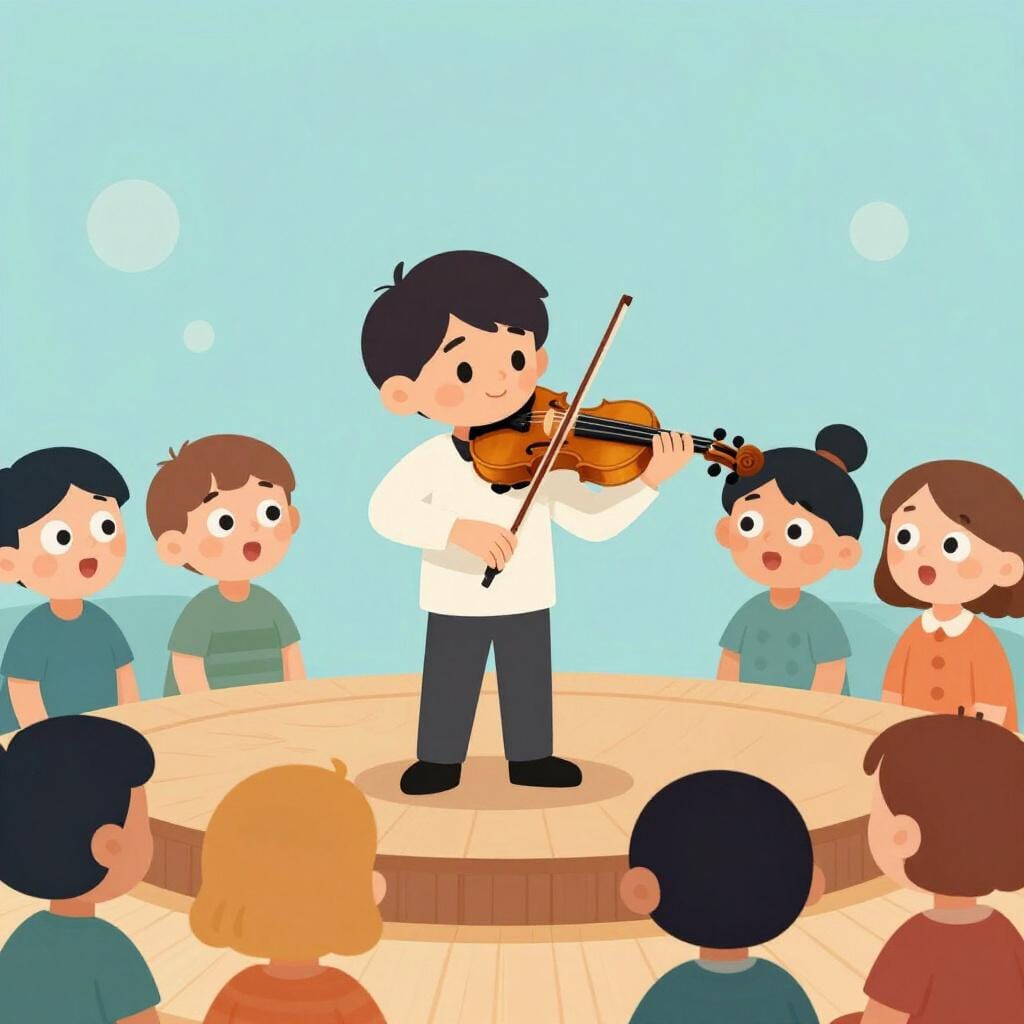 Una folla di persone che guardano in alto con gli occhi spalancati e sorrisi gioiosi un talentuoso violinista su un palco.