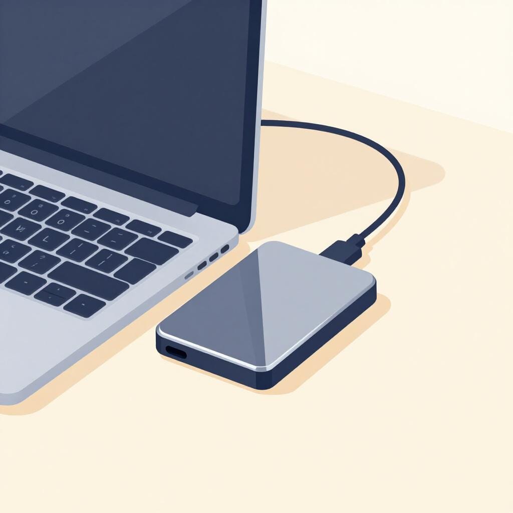 Eine kleine blaue externe Festplatte mit einem leuchtenden Kabel, das an einen Laptop angeschlossen ist.