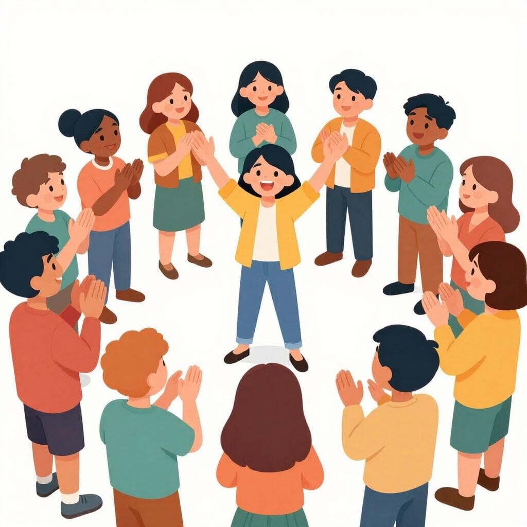 Una persona sorridente circondata da un gruppo allegro di amici che si danno il cinque e mostrano il pollice in su.