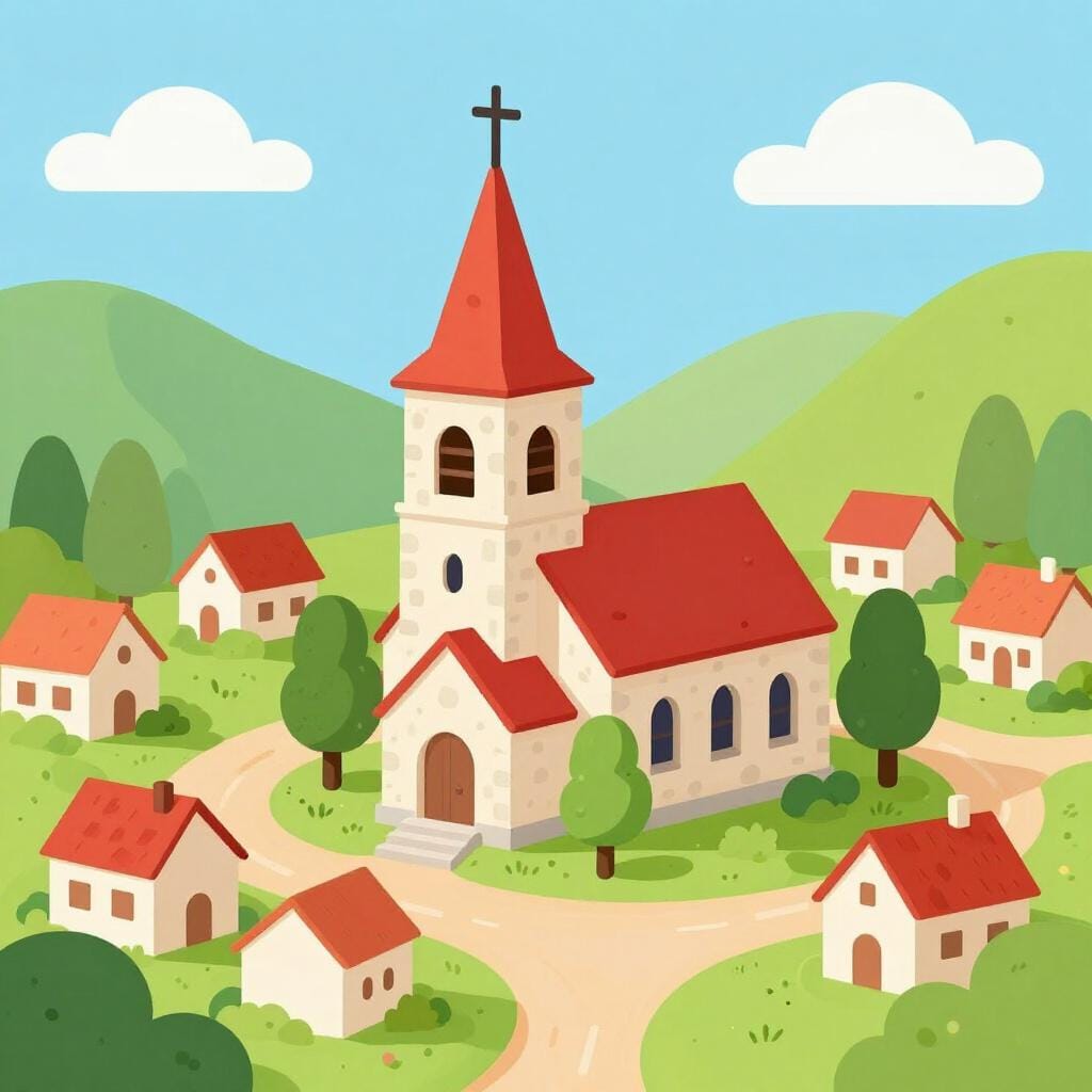 A small, colorful stone church with a red roof standing in the center of a cozy village neighborhood with small houses and green trees.