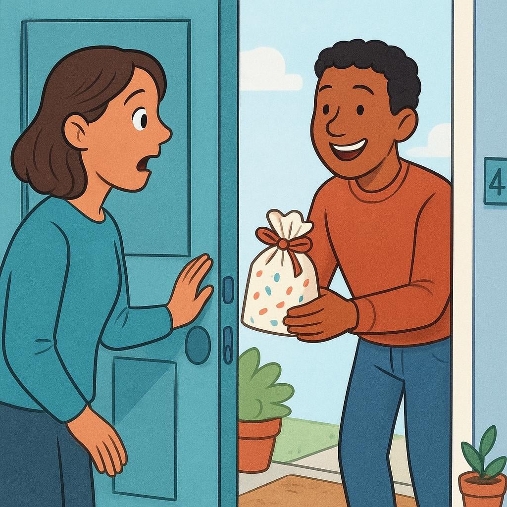 A colorful illustration of a friend spontaneously arriving at another person's front door, holding a small gift bag, surprising the person opening the door.