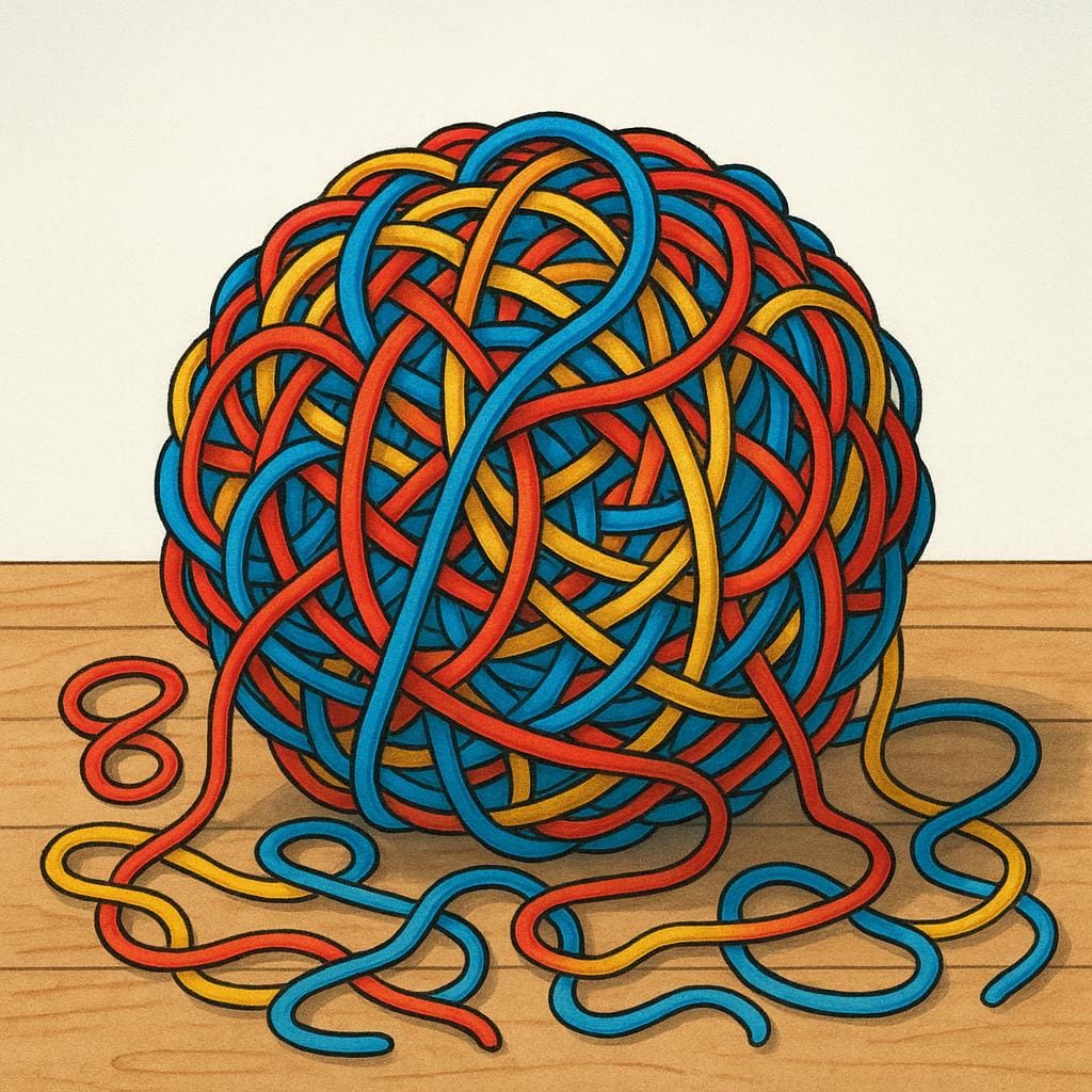 A massive, disorganized, and hopelessly tangled ball of brightly colored yarn.