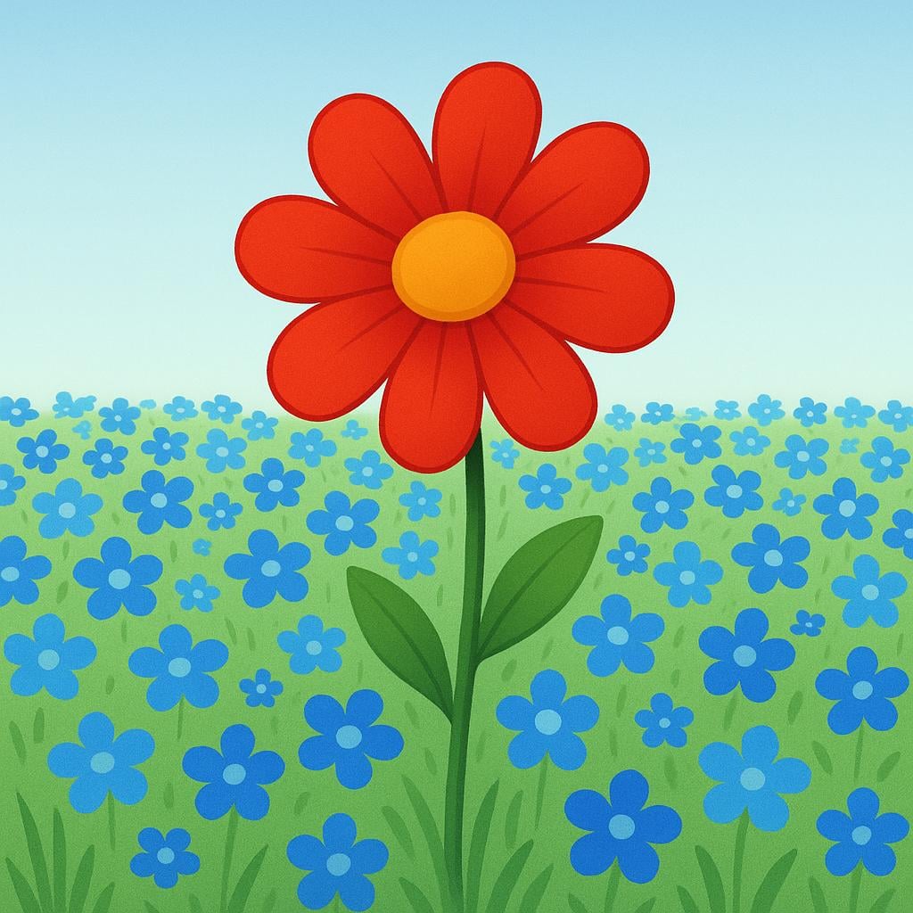 A large, bright red flower stands out prominently among many small blue flowers in a field.