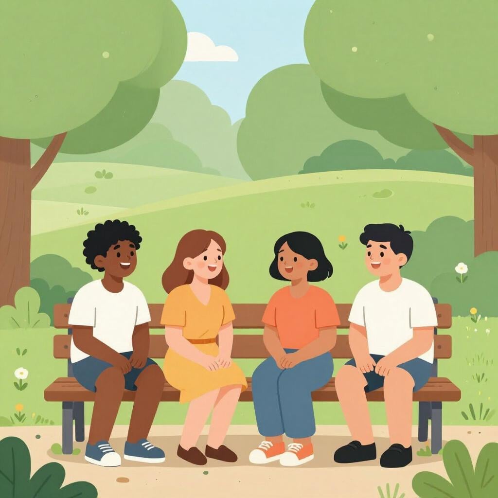 Un gruppo di amici felici seduti insieme su una panchina del parco.