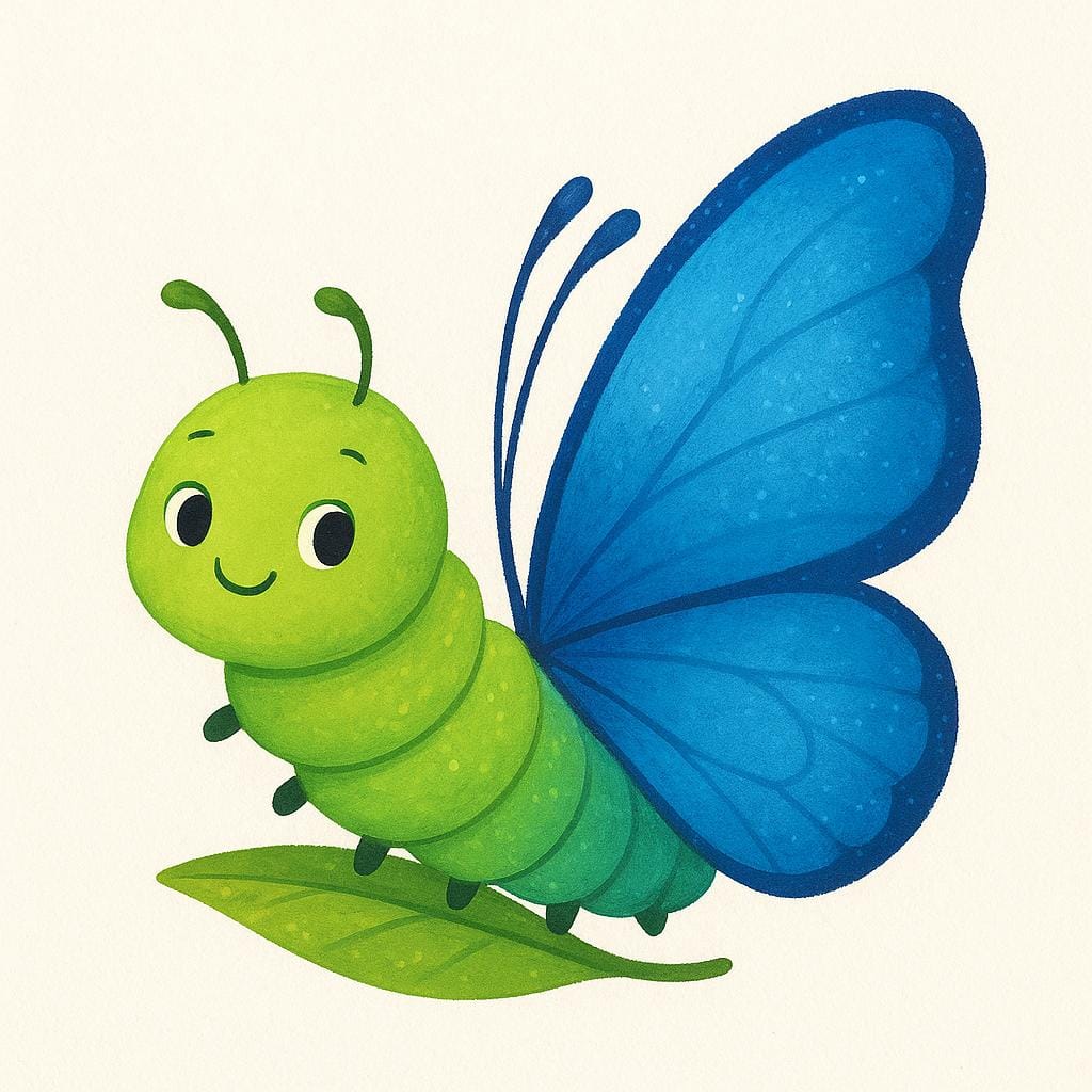 A vibrant green caterpillar is shown mid-transformation, with one side of its body already a fully formed blue butterfly wing, illustrating the action of having changed.