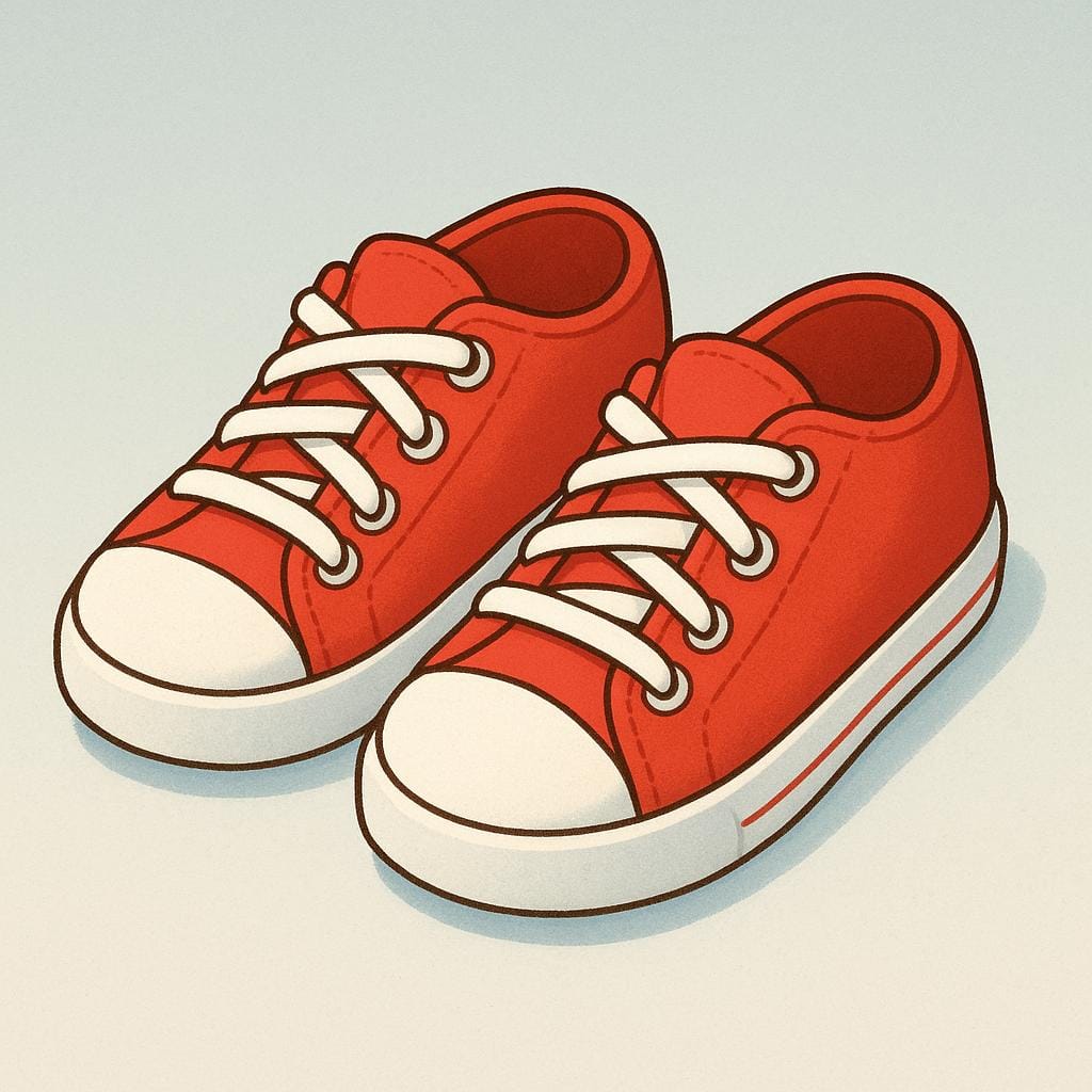 A simple illustration showing two identical red sneakers placed next to each other, representing a pair of objects.