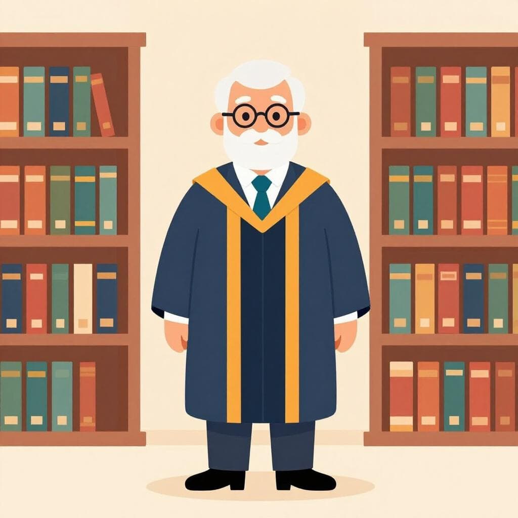 Um professor distinto com uma toga universitária em pé em frente a uma grande estante.