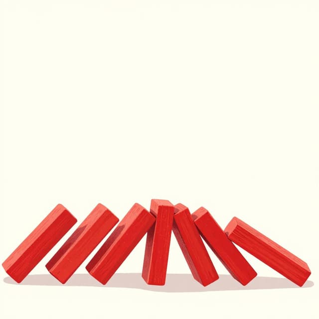 A row of falling wooden blocks representing a chain reaction of negative events.