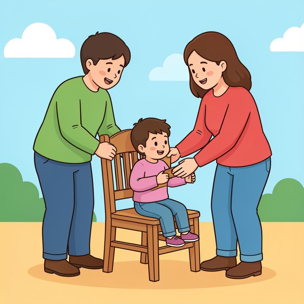 Two adults gently helping a small child sit down into a wooden chair.