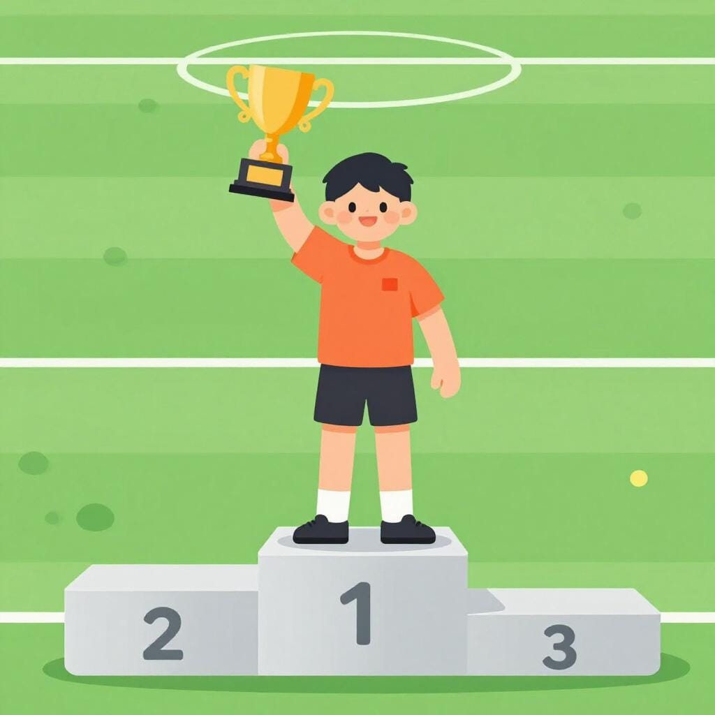 Ein lächelnder Athlet steht auf einem Podium und hält eine silberne Trophäe in einem Stadion.