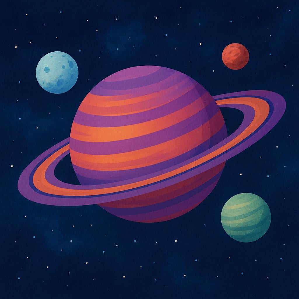 A giant, colorful ringed planet floating in deep space, orbited by several smaller, distinct natural satellites.