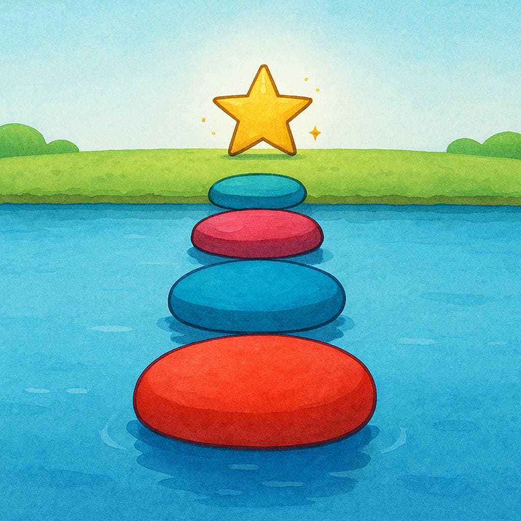 A series of four large, brightly colored stepping stones laid out sequentially across a pond, leading directly toward a shining golden star resting on the far bank, representing a planned sequence of actions.