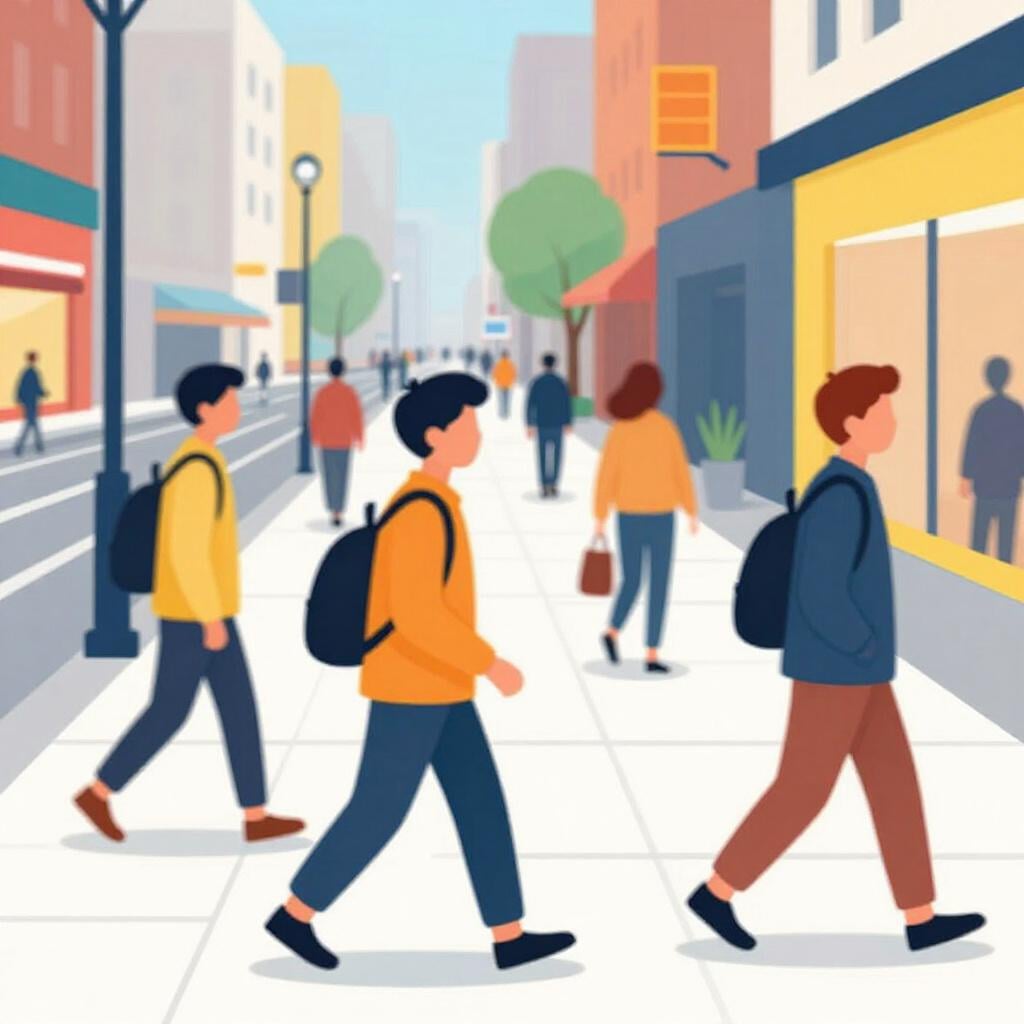 A colorful storybook illustration of a busy city street with blurred motion lines around people and vehicles to show speed.