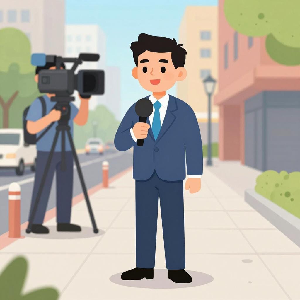 Een journalist die een microfoon vasthoudt terwijl hij voor een drukke stadsstraat staat.