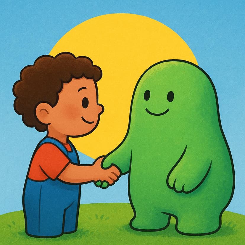 Uma ilustração colorida de um livro de histórias mostrando uma criança pequena sorrindo alegremente enquanto aperta a mão de uma criatura amigável e colorida, simbolizando conhecer ou se tornar familiarizado.